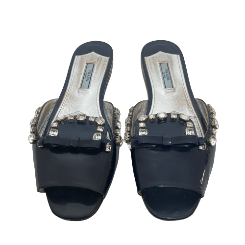 Prada Navy Patent Leather Rhinestone Peep-toe Slides | Pre Loved |