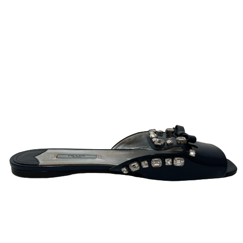Prada Navy Patent Leather Rhinestone Peep-toe Slides | Pre Loved |