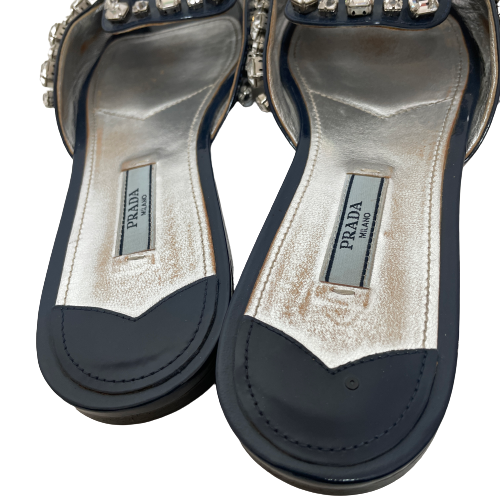 Prada Navy Patent Leather Rhinestone Peep-toe Slides | Pre Loved |