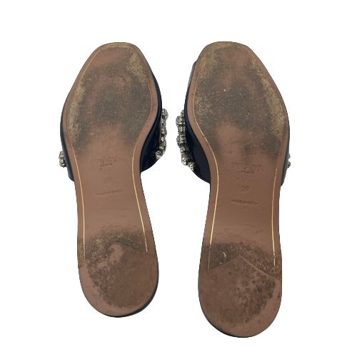 Prada Navy Patent Leather Rhinestone Peep-toe Slides | Pre Loved |