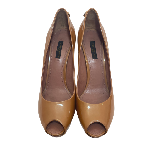 Louis Vuitton 'Oh Really!' Tan Patent Leather Peep-Toe Heels | Pre Loved |