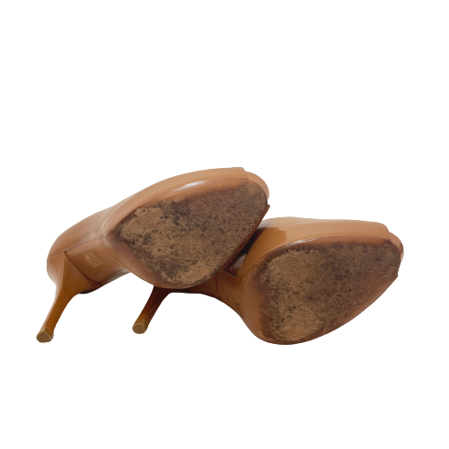 Louis Vuitton 'Oh Really!' Tan Patent Leather Peep-Toe Heels | Pre Loved |