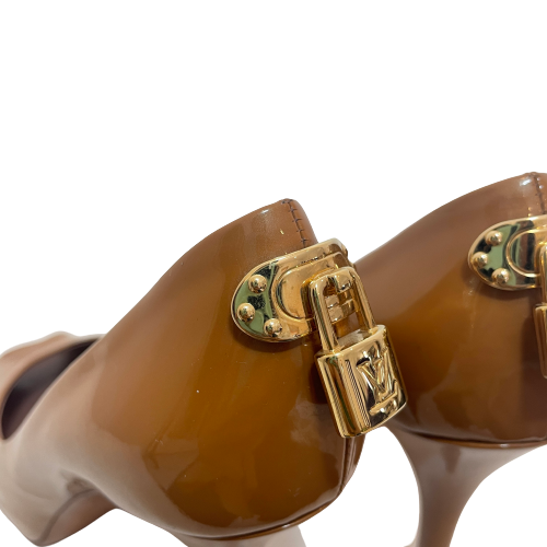 Louis Vuitton 'Oh Really!' Tan Patent Leather Peep-Toe Heels | Pre Loved |