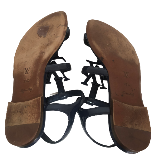 Louis Vuitton Navy Patent Leather Logo Sandals | Pre Loved |