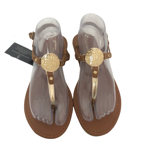 Tommy Hilfiger Brown Leather Logo Thong Sandals | Brand New |