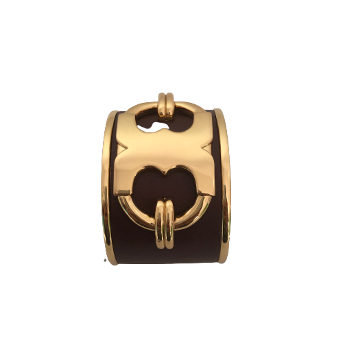 Tory Burch Brown Leather and Gold Logo Cuff Bracelet | Gently Used |