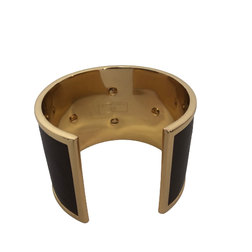 Tory Burch Brown Leather and Gold Logo Cuff Bracelet | Gently Used |