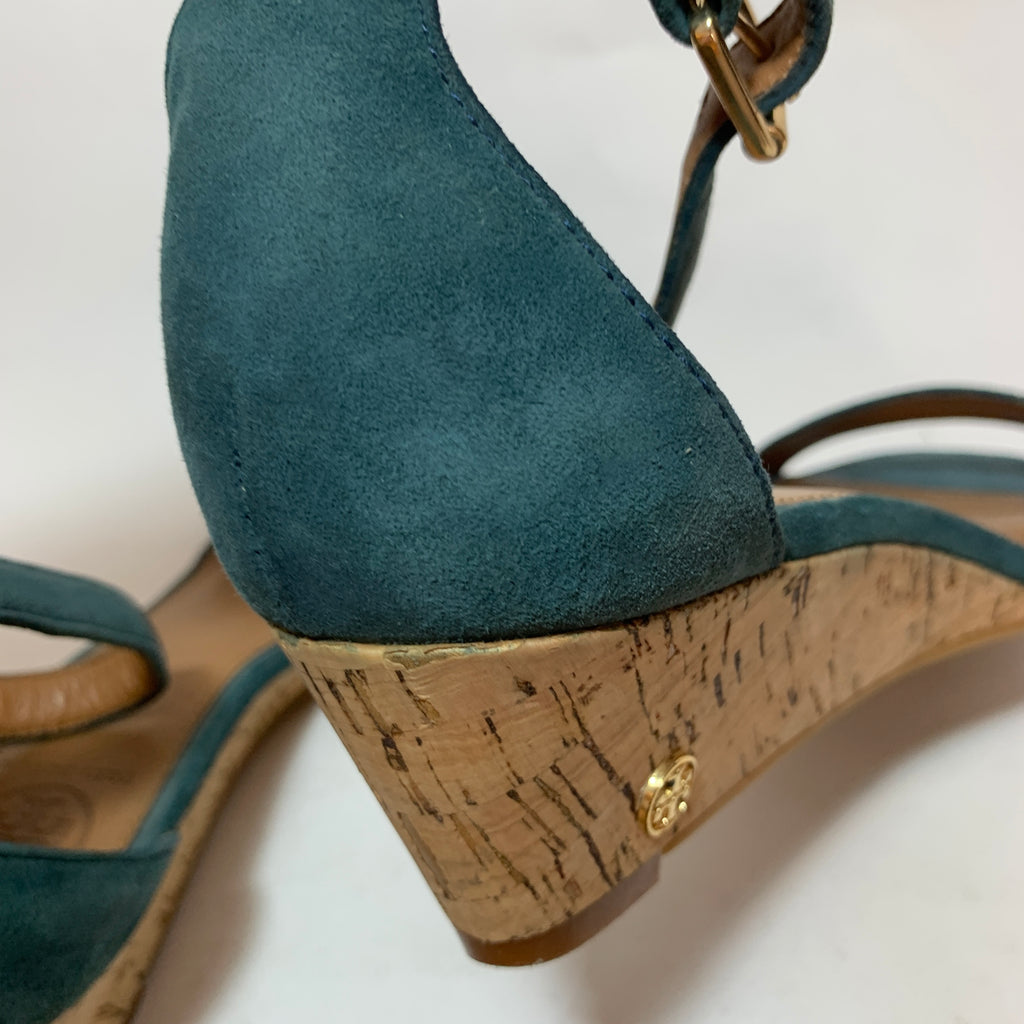 Tory Burch Teal Suede Cork 'Savannah' Wedges | Pre Loved |