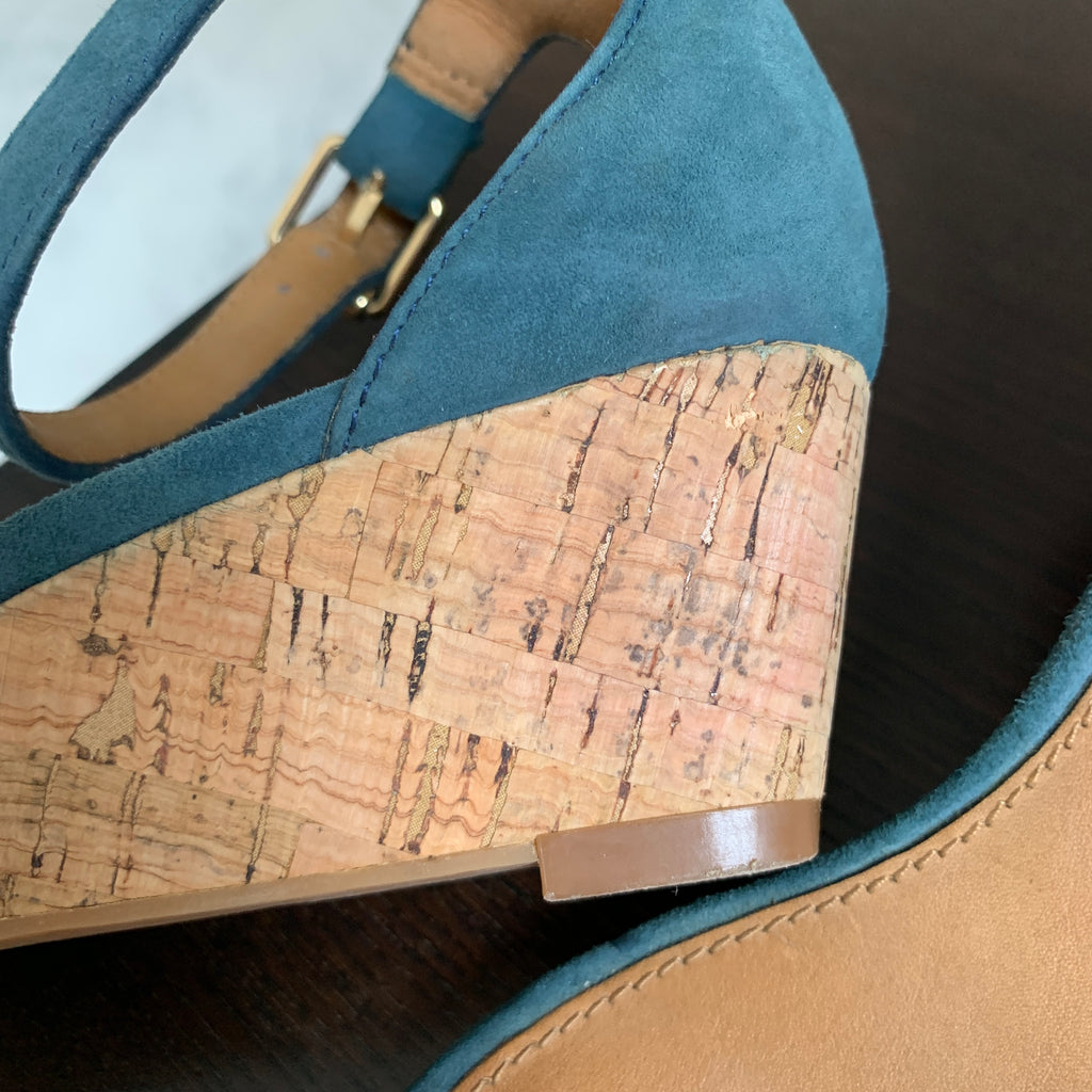 Tory Burch Teal Suede Cork 'Savannah' Wedges | Pre Loved |