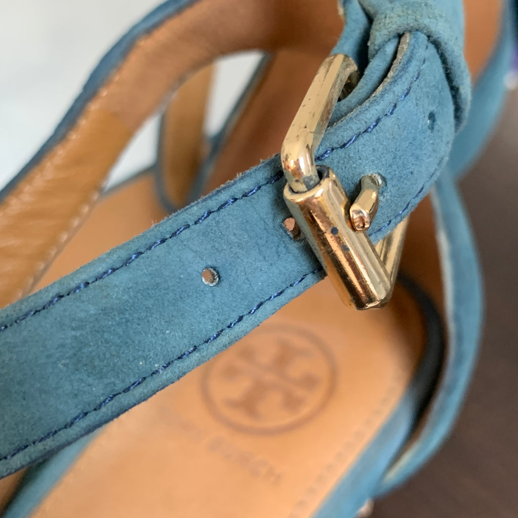 Tory Burch Teal Suede Cork 'Savannah' Wedges | Pre Loved |