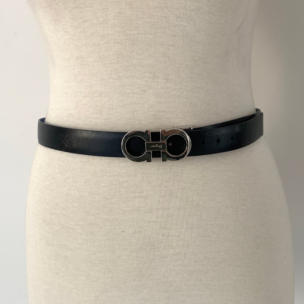 Salvatore Ferragamo Black & Blue Reversible Leather Belt | Pre Loved |