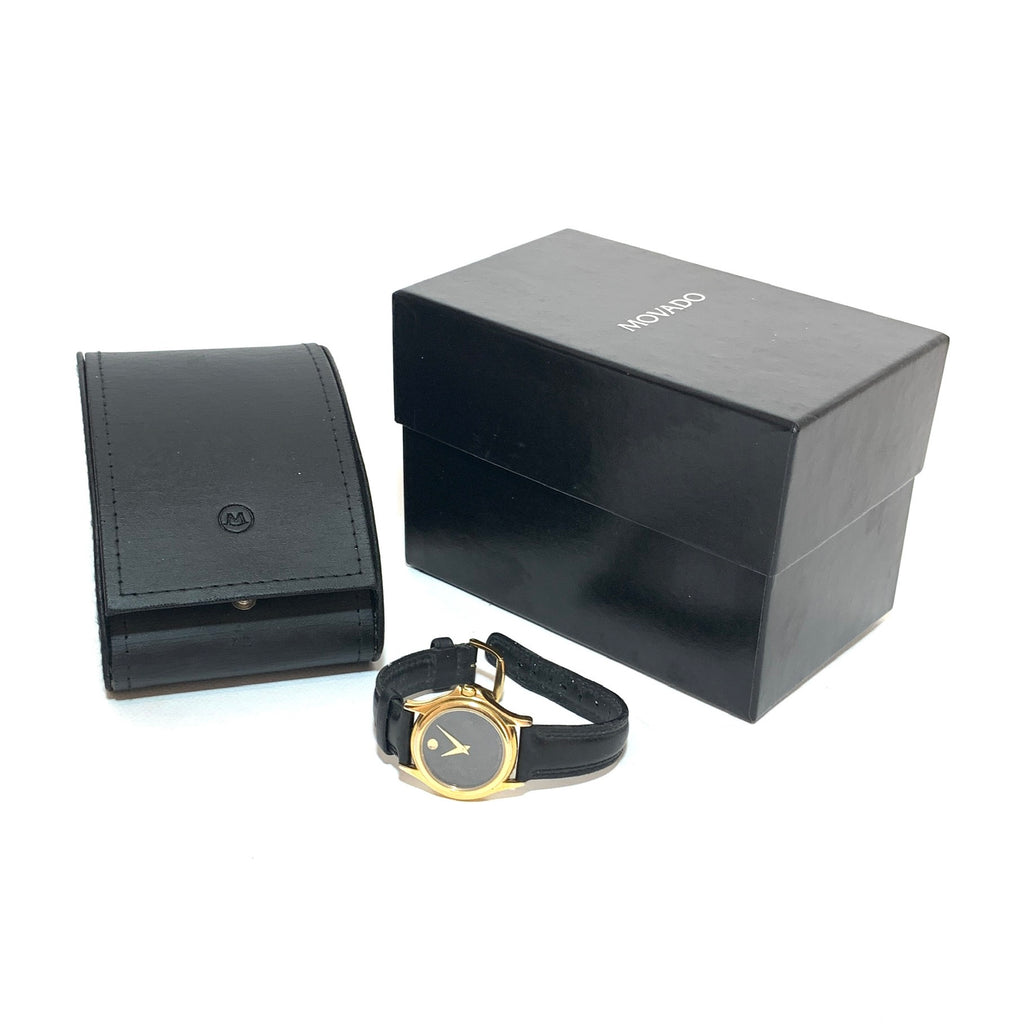 Movado Black & Gold 87 E4 0823 Leather Wristwatch | Pre Loved |