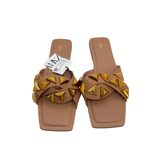 ZARA Brown Gold Stud Slides | Brand New |