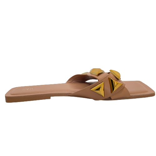 ZARA Brown Gold Stud Slides | Brand New |