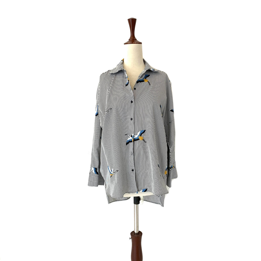 ZARA Striped Embroidered Birds Shirt | Gently Used |