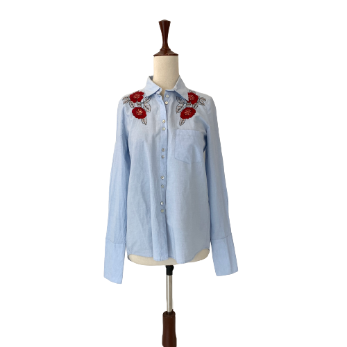 ZARA Light Blue Cotton Embroidered Shirt | Pre Loved |