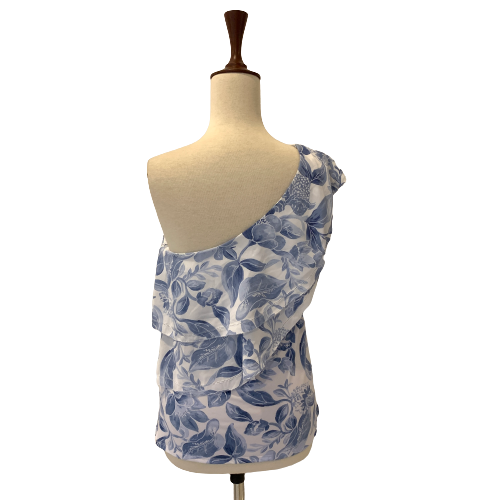 White House Black Market Blue & White Printed One-shoulder Blouse | Brand New |