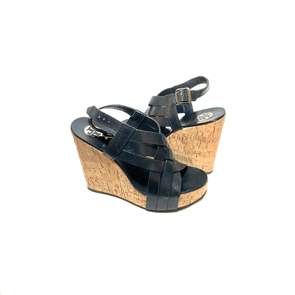 Tory Burch Black Leather & Cork Platform Wedges | Pre Loved |