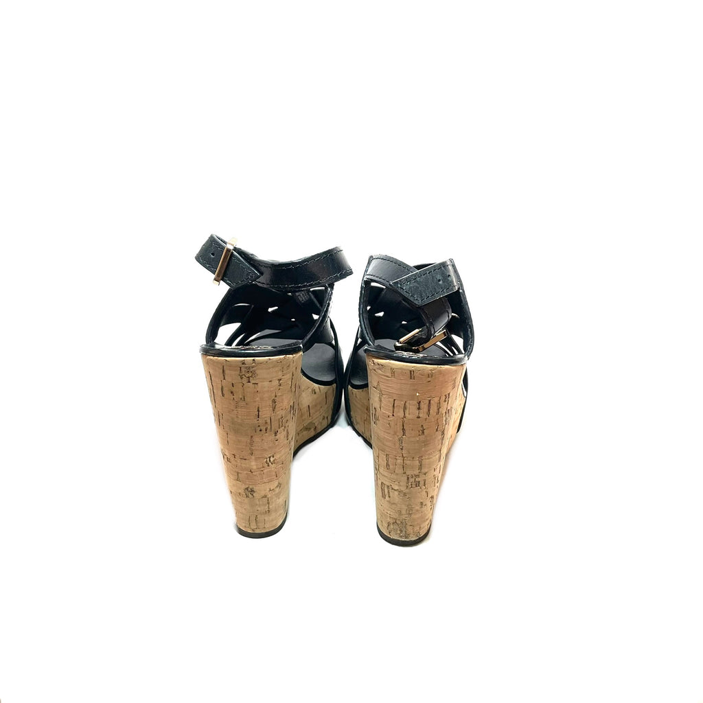 Tory Burch Black Leather & Cork Platform Wedges | Pre Loved |