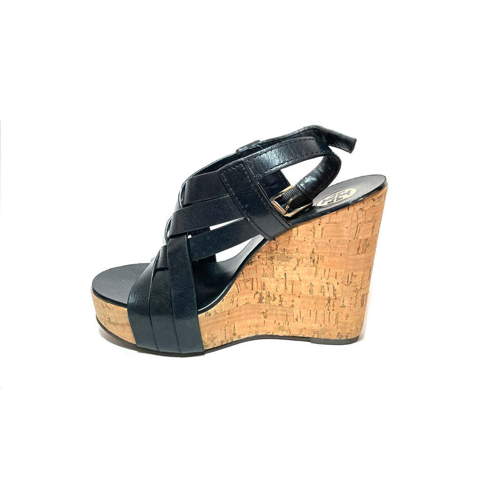Tory Burch Black Leather & Cork Platform Wedges | Pre Loved |