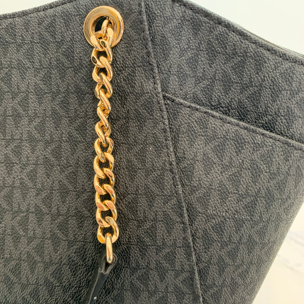 Michael Kors Monogram Black Jet Set Travel Chain Shoulder Tote | Brand New |