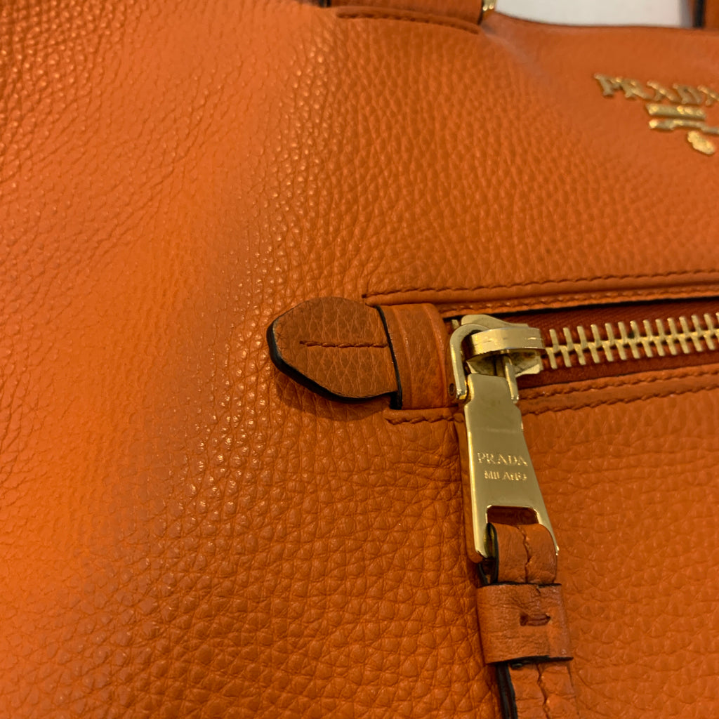 Prada Orange Pebbled Leather Front-zip Convertible Tote | Pre Loved |