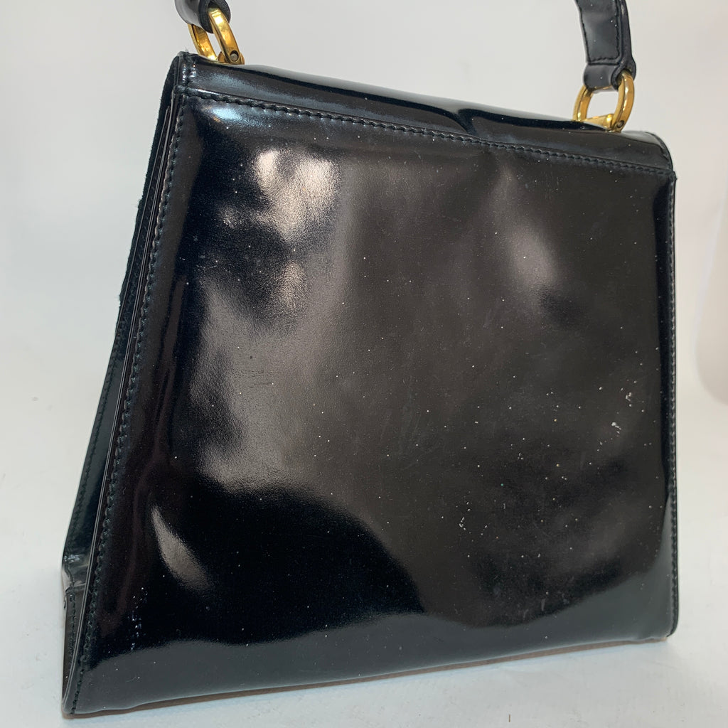 Salvatore Ferragamo Vara Ribbon Black Patent Mini Kelly Purse | Pre Loved |