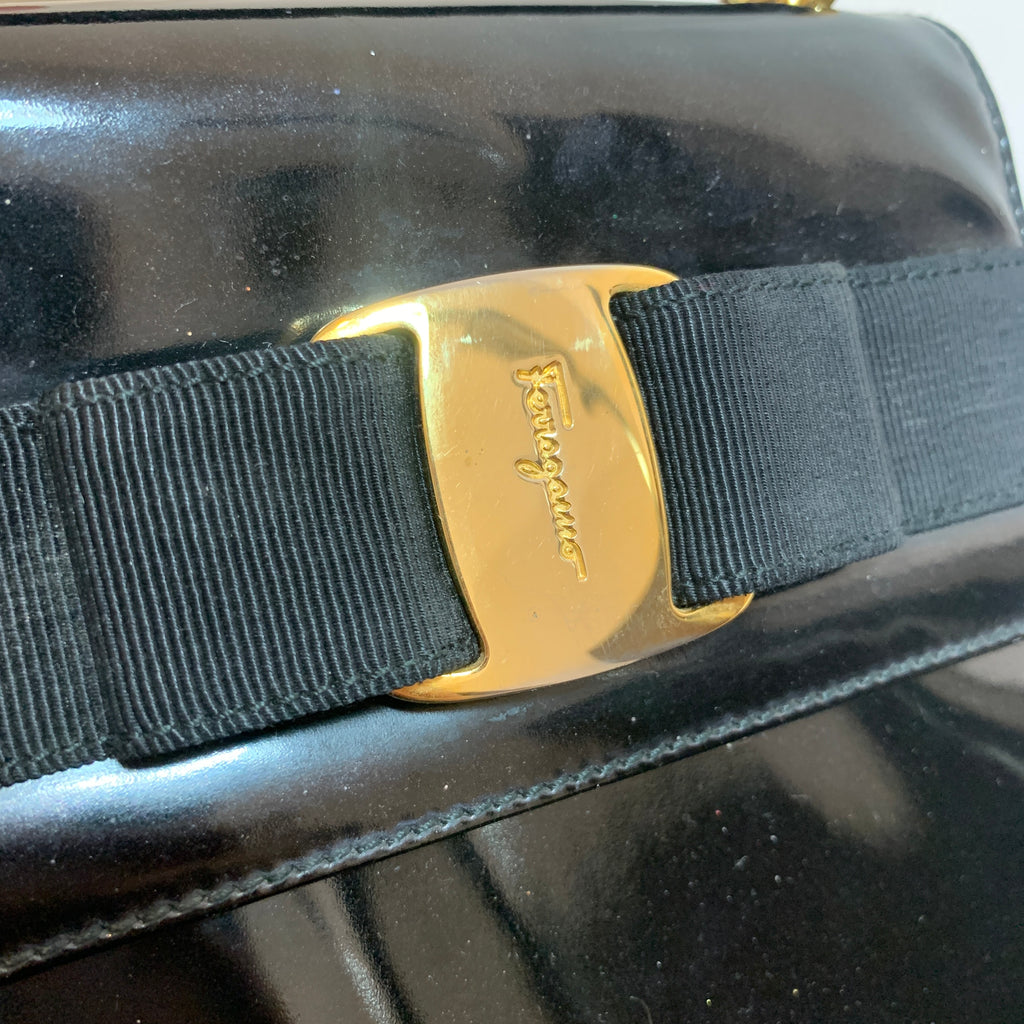 Salvatore Ferragamo Vara Ribbon Black Patent Mini Kelly Purse | Pre Loved |