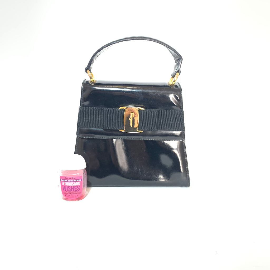 Salvatore Ferragamo Vara Ribbon Black Patent Mini Kelly Purse | Pre Loved |