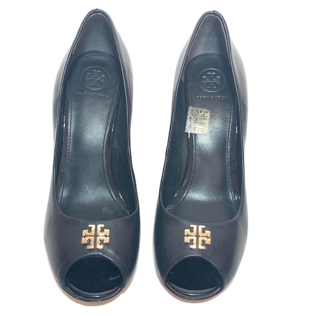 Tory Burch Black Leather 'Jolie' Peep-toe Wedges | Gently Used |