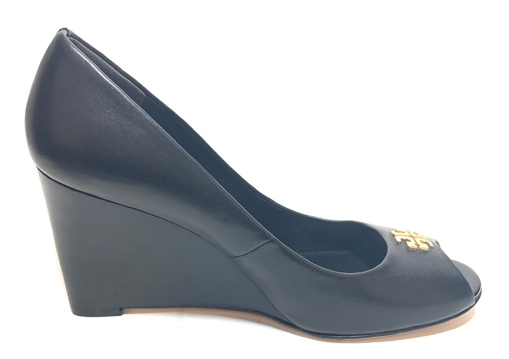 Tory Burch Black Leather 'Jolie' Peep-toe Wedges | Gently Used |