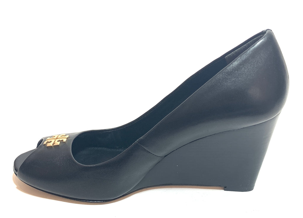 Tory Burch Black Leather 'Jolie' Peep-toe Wedges | Gently Used |