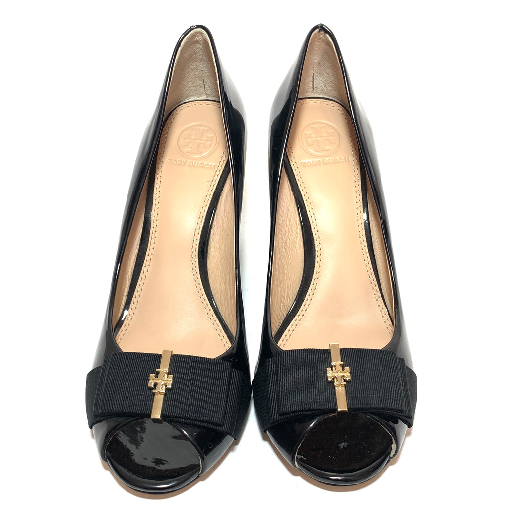 Tory Burch Black Patent Leather 'Trudy' Peep-toe Wedges | Like New |