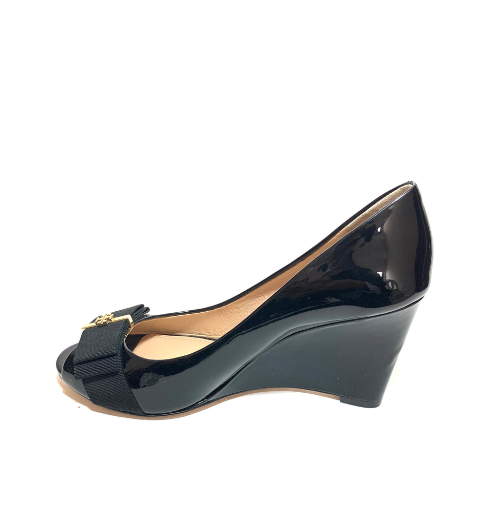 Tory Burch Black Patent Leather 'Trudy' Peep-toe Wedges | Like New |