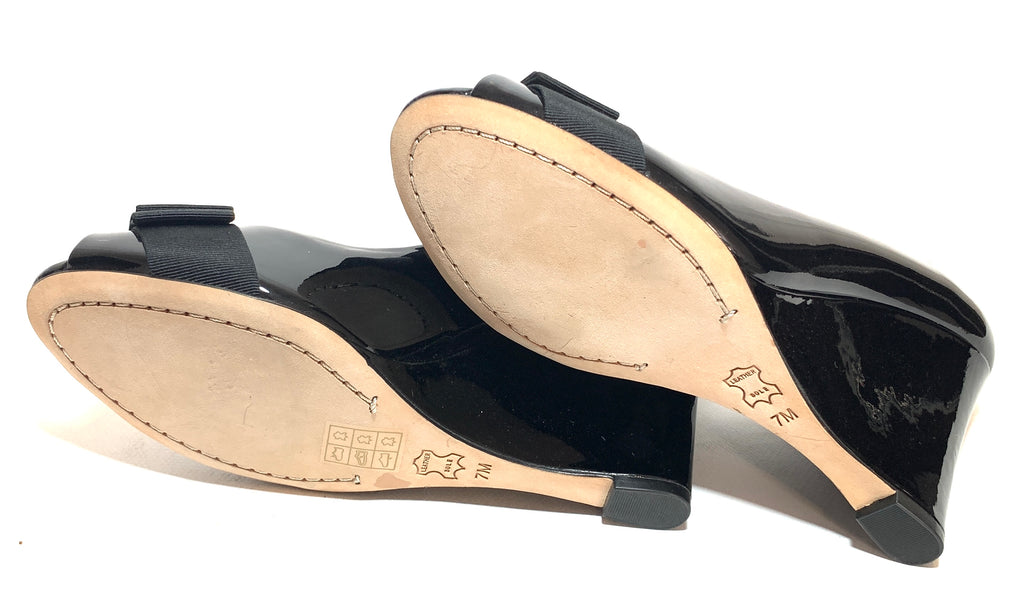 Tory Burch Black Patent Leather 'Trudy' Peep-toe Wedges | Like New |