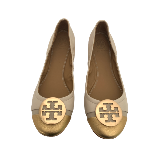 Tory Burch Beige & Gold Cap-Toe 'Minnie' Ballet Flats | Brand New |