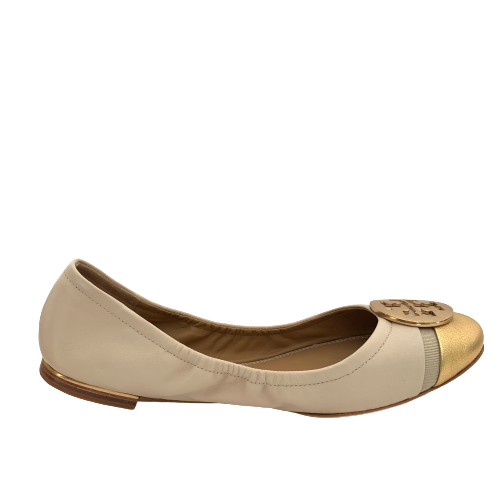 Tory Burch Beige & Gold Cap-Toe 'Minnie' Ballet Flats | Brand New |