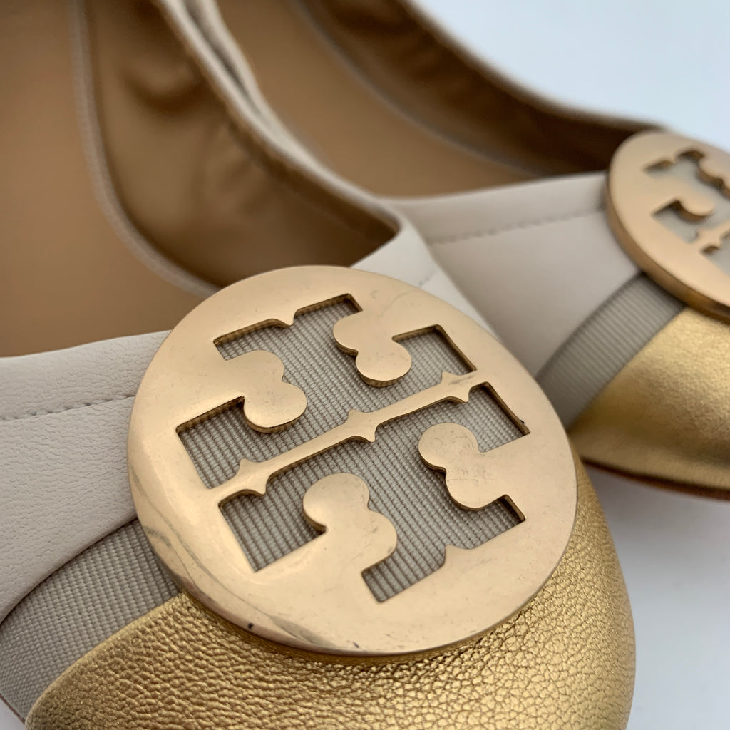 Tory Burch Beige & Gold Cap-Toe 'Minnie' Ballet Flats | Brand New |