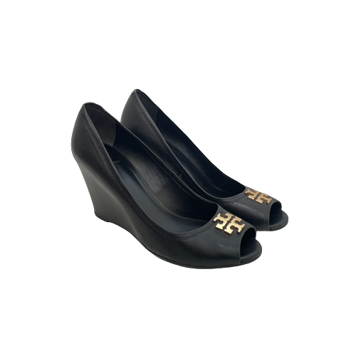 Tory Burch 'Laura' Black Leather Peep-toe Wedges | Pre Loved |