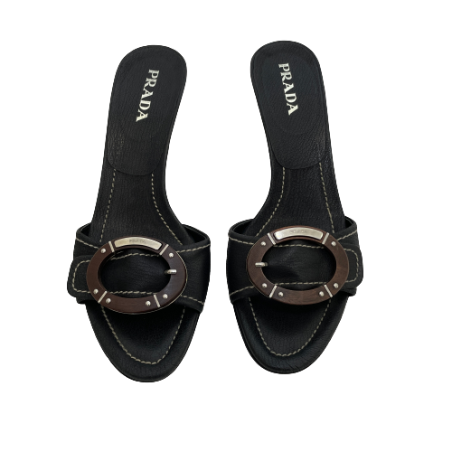 Prada Wooden Buckle Heeled Sandals | Gently Used |