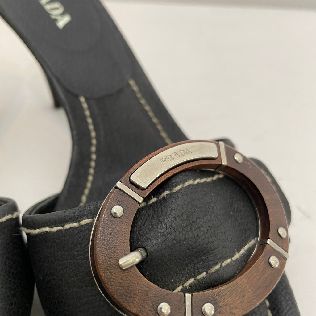 Prada Wooden Buckle Heeled Sandals | Gently Used |