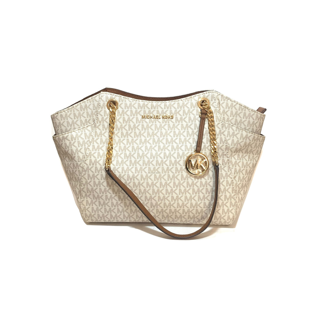 Michael Kors Jet Set Vanilla Monogram Logo Chain Tote | Brand New |