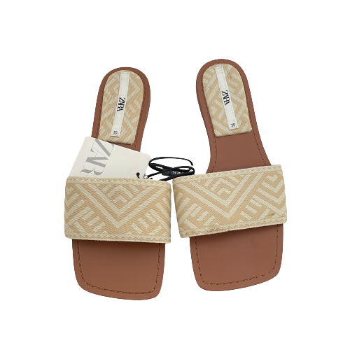 ZARA Beige & Cream Canvas Flat Slides | Brand New |