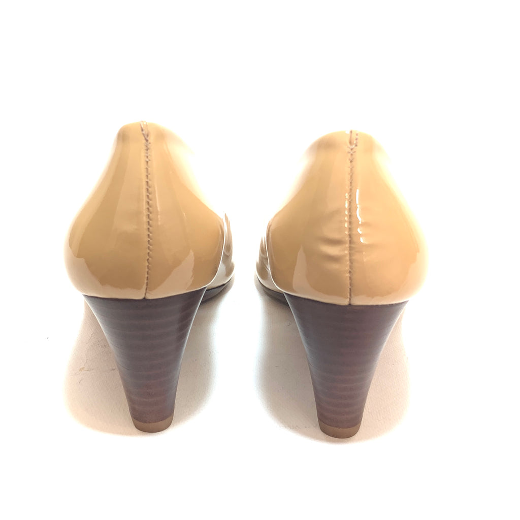 Tory Burch Beige Patent Leather Peep-toe 'Lowell' Wedges | Brand New |