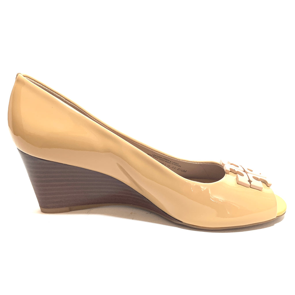 Tory Burch Beige Patent Leather Peep-toe 'Lowell' Wedges | Brand New |