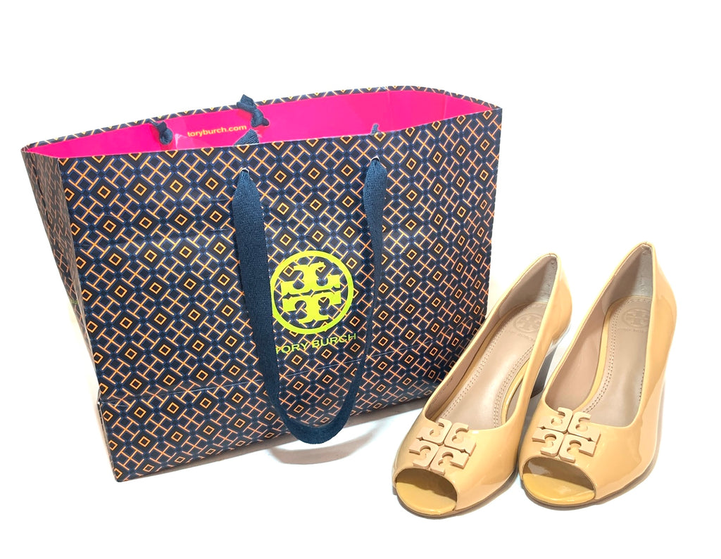 Tory Burch Beige Patent Leather Peep-toe 'Lowell' Wedges | Brand New |