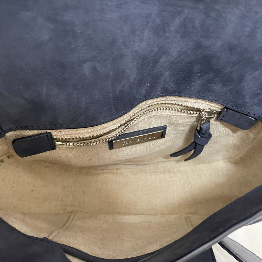 Tory Burch Blue Suede & Leather Tassel Saddle Bag | Pre Loved |