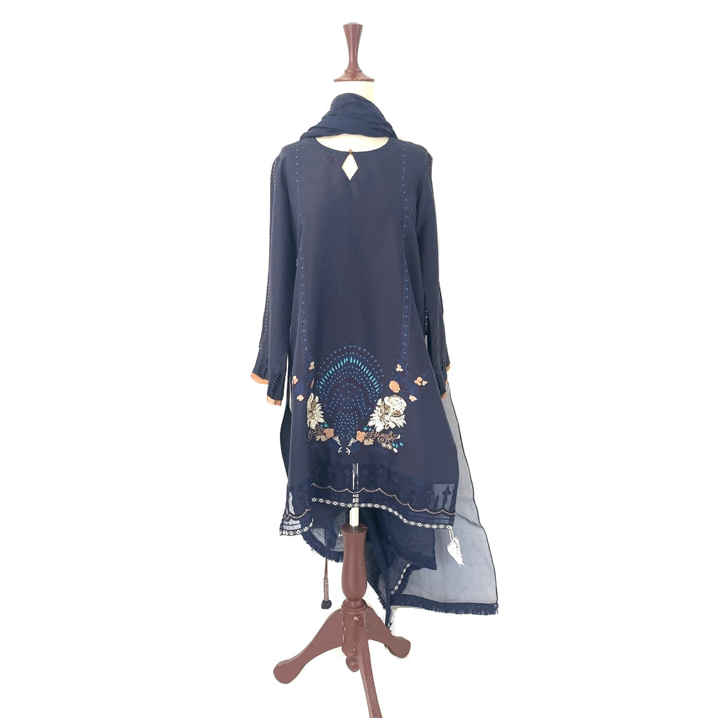 Sana Salman Navy Silk Embroidered Kameez & Dupatta | Gently Used |
