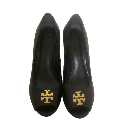 Tory Burch 'Laura' Black Leather Peep-toe Wedges | Pre Loved |