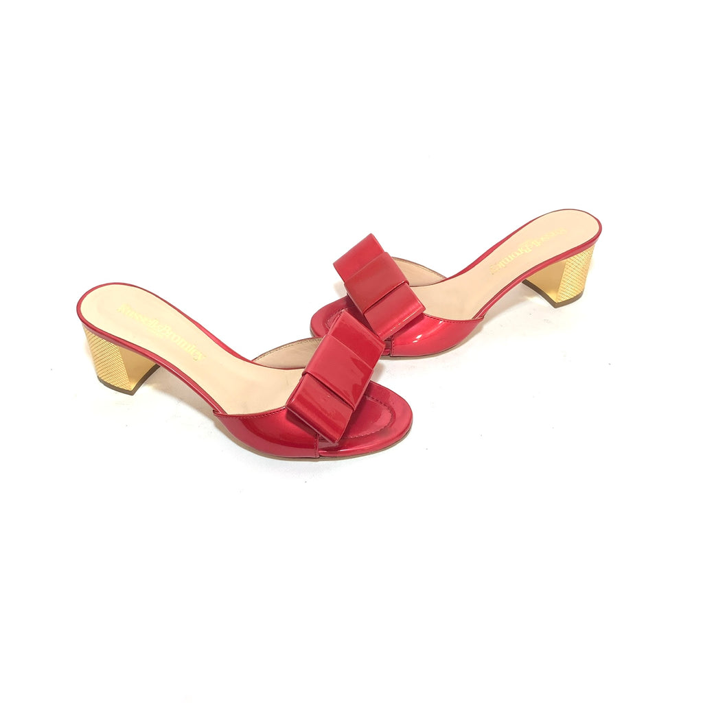 Russell & Bromley Red Patent Leather & Gold Block Heel Sandals | Gently Used |